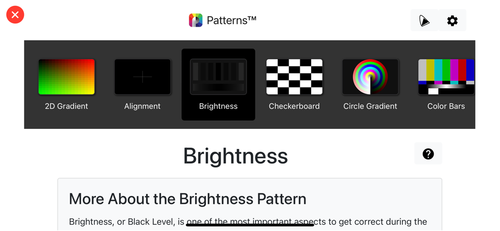 Patterns Mobile - Interface do aplicativo Patterns Mobile mostrando padrões de teste de calibração de display como barras de brilho e cores.