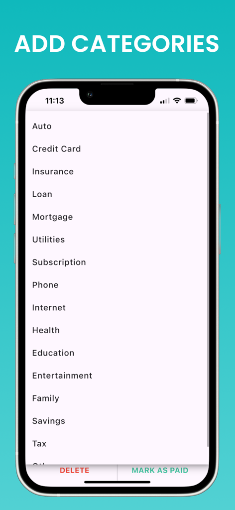 iPhone screen displaying a list of bill categories including Auto, Credit Card, and Subscription in the Bills organizer app.