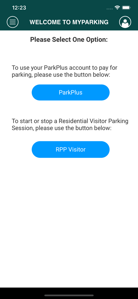 MyParking - MyParking app welcome screen with ParkPlus and RPP Visitor options