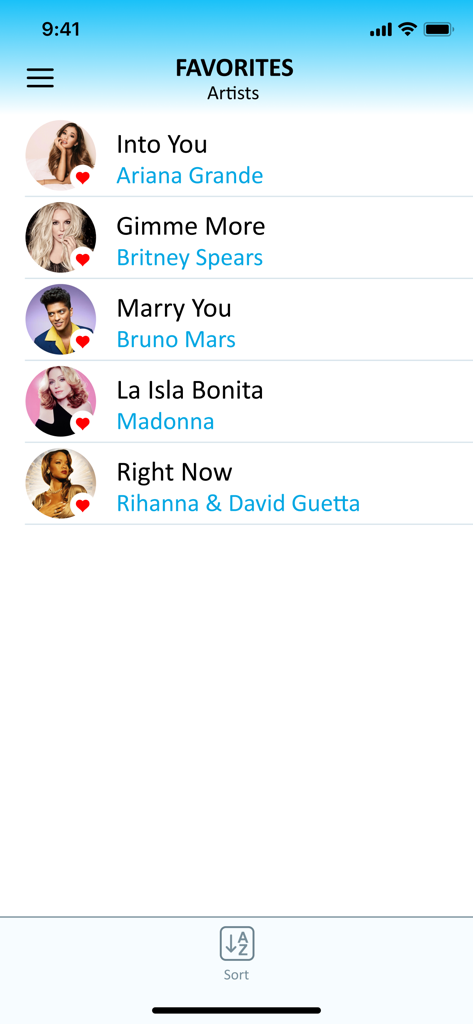 EvoClub User - EvoClub User App Favoritenbildschirm, der eine Liste beliebter Karaoke-Songs und Künstler anzeigt