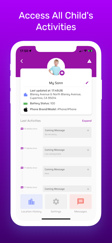 Find Family App-Oberfläche, die den Echtzeit-Standort, den Batteriestatus und die Aktivitätshistorie eines Kindes anzeigt