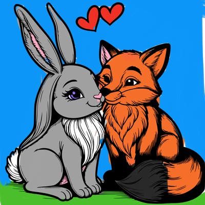 a realistic rabbit and a fox in love