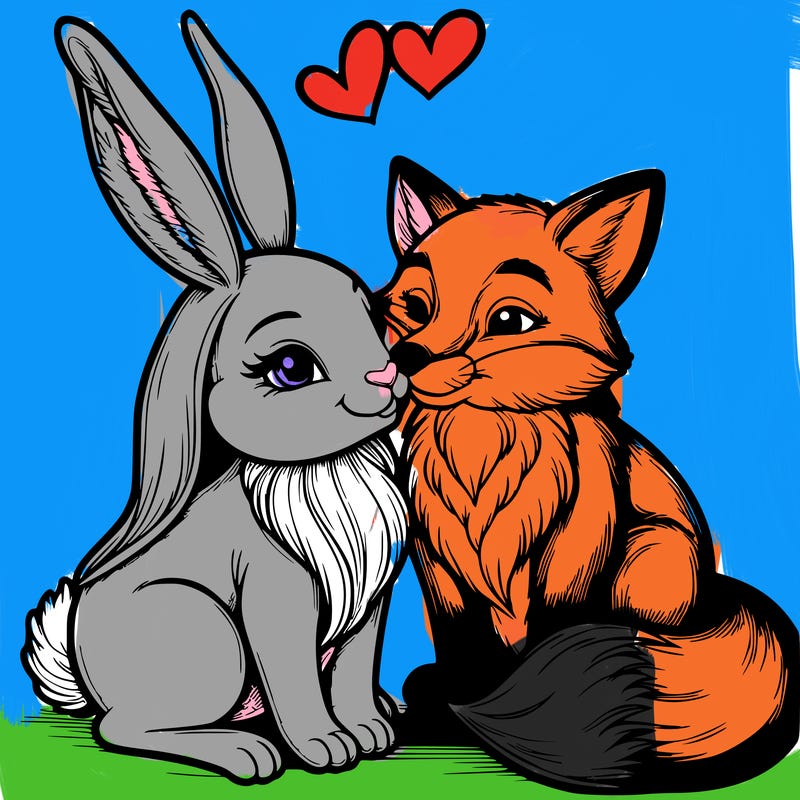 a realistic rabbit and a fox in love