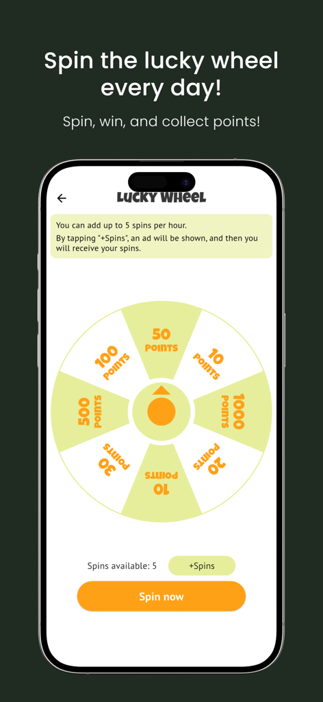 Lucky wheel screen in the Survey Cash app showing various point rewards for users to win