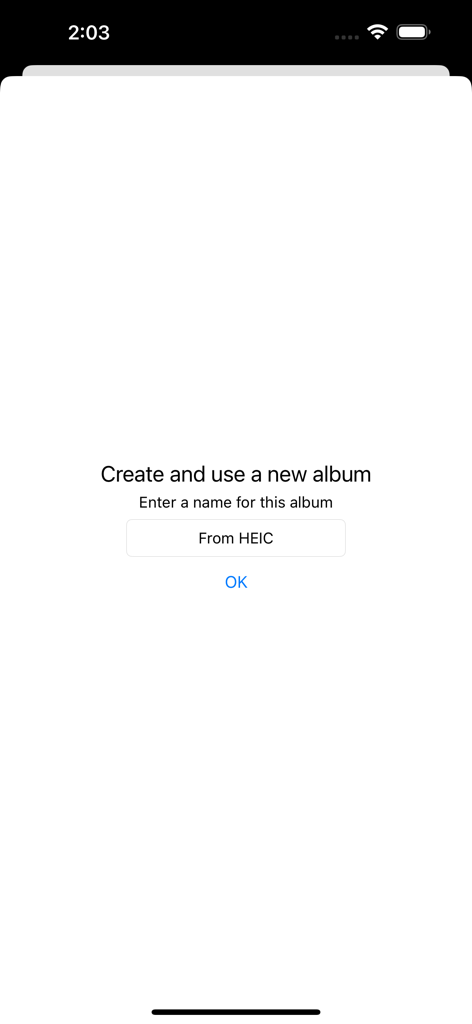 HEIC images batch converter - Un'interfaccia utente minimalista chiede di creare una nuova cartella chiamata From HEIC all'interno dell'app.