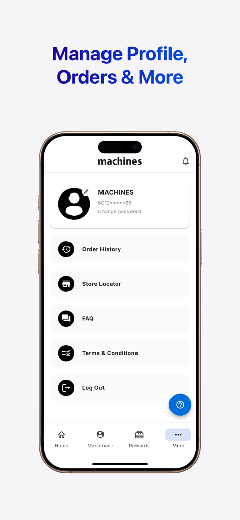 Machines Mobile App - Pantalla de gestión de perfil de usuario y cuenta en la aplicación móvil Machines