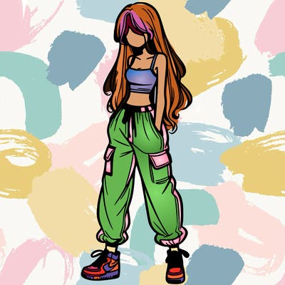 girl in baggy pants crop top and long hair