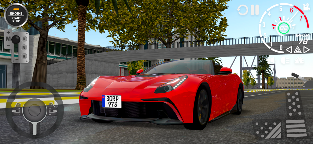 Fast&Grand - 3D Real Car Drive - Carro esportivo vermelho dirigindo por uma cidade no simulador Fast and Grand 3D Real Car Drive