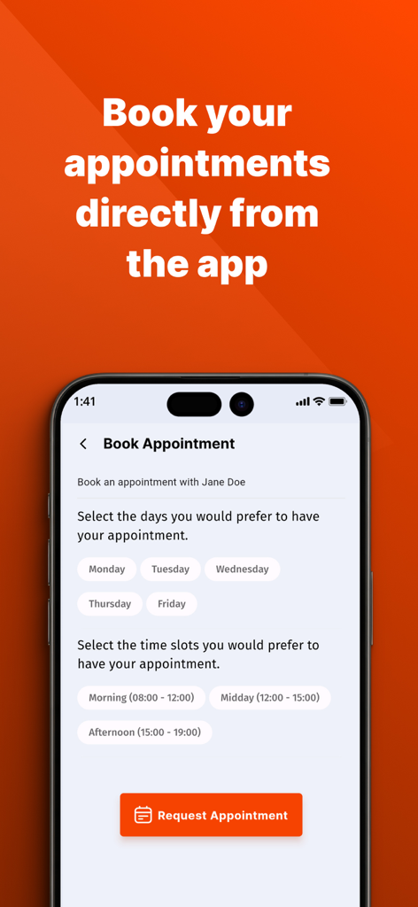 Fitable - Interfaz de la aplicación Fitable que muestra opciones para seleccionar días y franjas horarias para reservar una cita con un profesional.