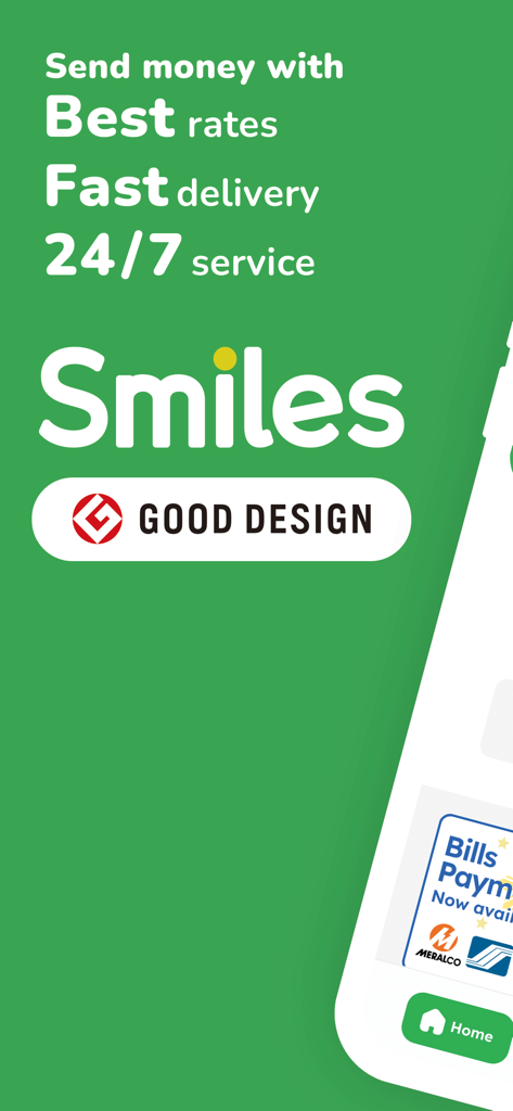 Smiles Mobile Remittance - Marketing banner for Smiles Mobile Remittance app showcasing best exchange rates and 24/7 money transfer service