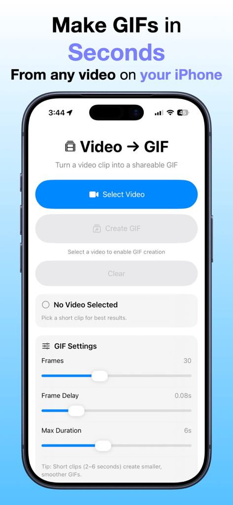 Make GIFs from Video - Schermata dell'app Make GIFs from Video su iPhone che mostra la selezione del video e le impostazioni personalizzate delle GIF per frame e durata