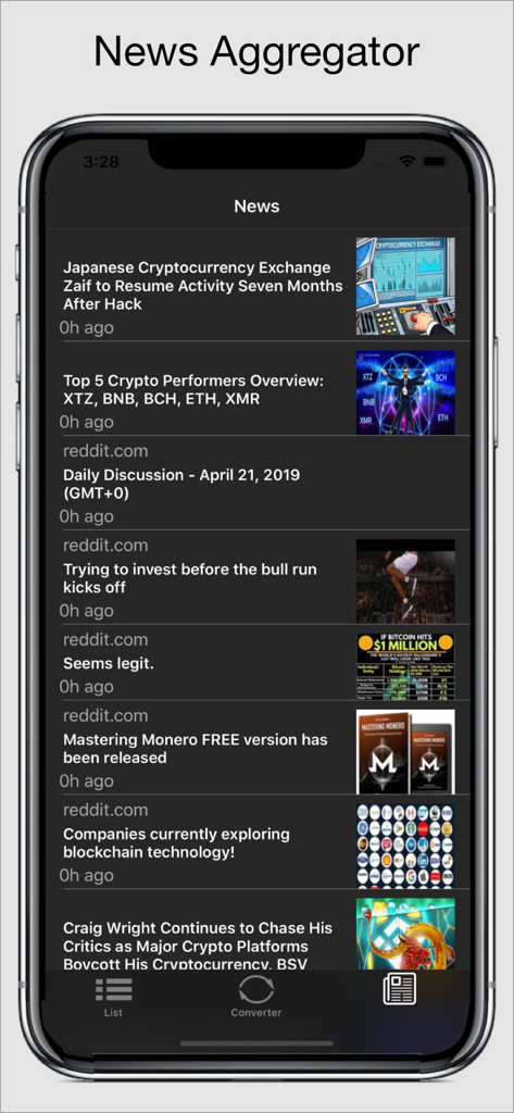 Cryptomaniac - Cryptomaniac mobile app screen displaying a news aggregator with cryptocurrency headlines and reddit social media feeds.