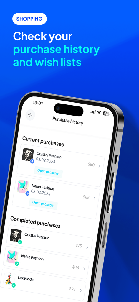 Selmo mobile app interface showing current and completed boutique purchase history