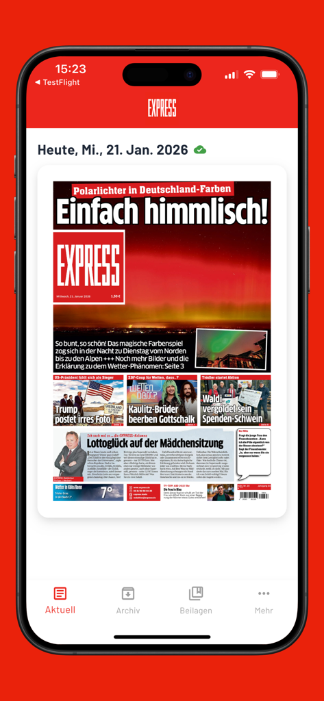 EXPRESS E-Paper - EXPRESS E-Paper app displaying the front page of a German newspaper on an iPhone