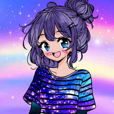 anime girl teenager striped shirt and smile and messy bun
