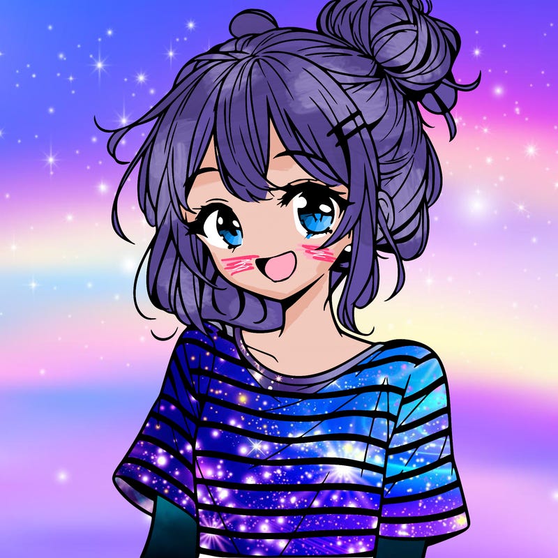 anime girl teenager striped shirt and smile and messy bun