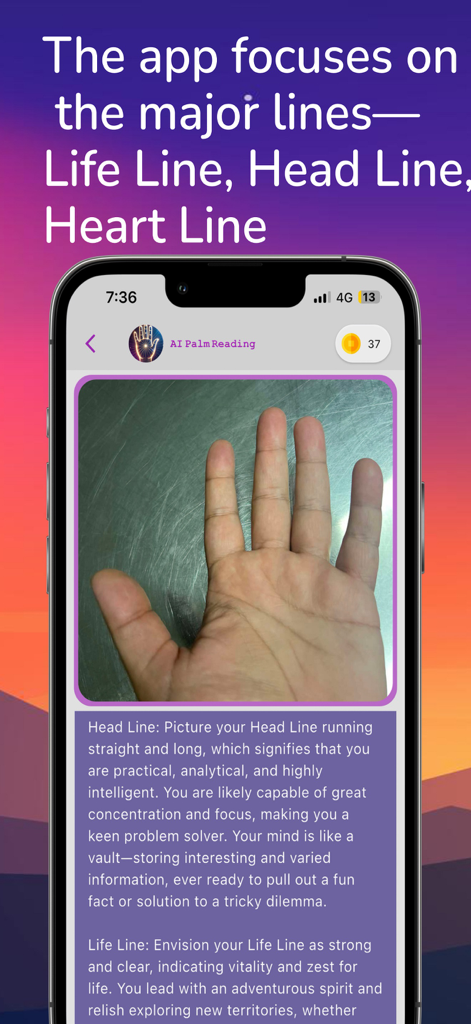 Palmistry GPT-AI Palm Reading - Bildschirm einer KI-Handanalyse-App, der einen Handscan mit personalisierten Interpretationen der Kopf- und Lebenslinien zeigt.