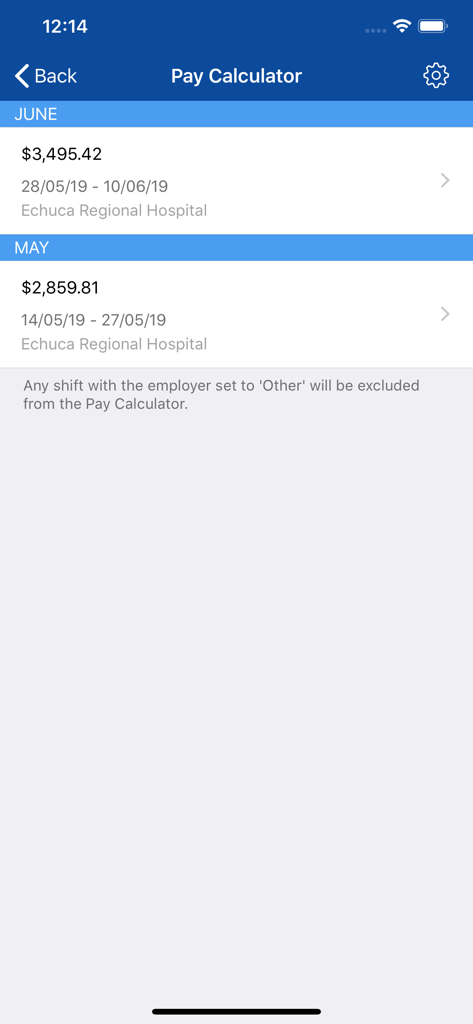 Pay calculator screen in the ANMF Diary App showing monthly earnings summary and hospital details