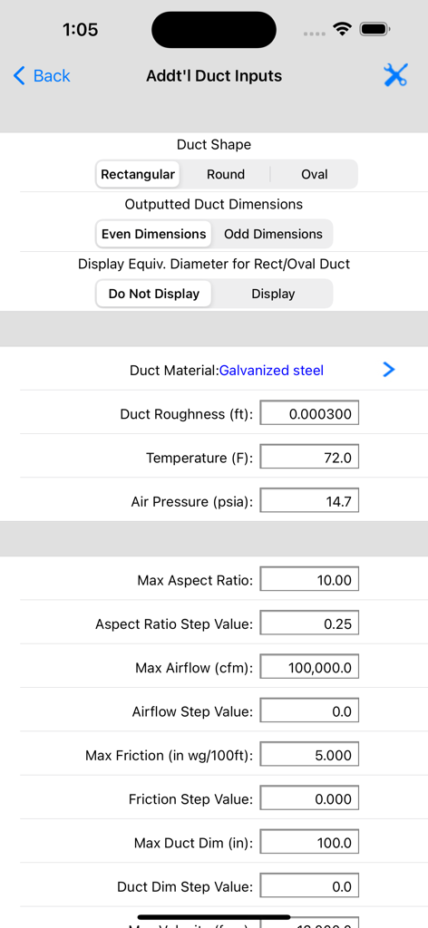HVAC Duct Sizer - Additional Duct Inputs screen in the HVAC Duct Sizer mobile app showing settings for duct shape, material, and air properties.