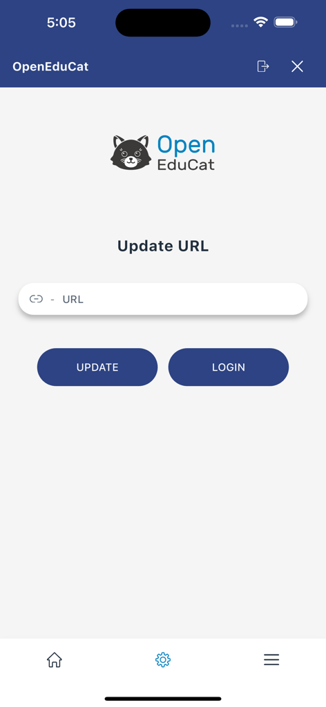 OpenEduCat - Educational ERP - Pantalla de la app móvil OpenEduCat que muestra el campo de actualización de URL y el botón de inicio de sesión