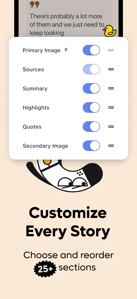 Interface of the Kagi News app showing the customization menu to choose and reorder over 25 different news story sections