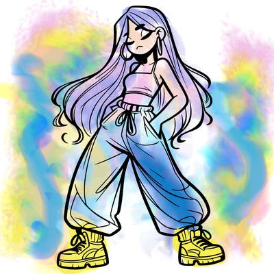 girl in baggy pants crop top and long hair