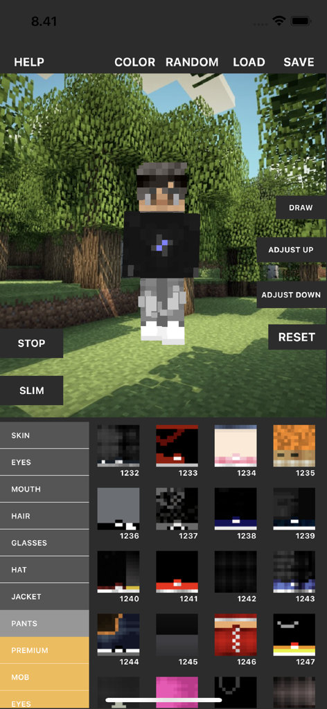 Custom Skin Creator - Interfaz de la aplicación Creador de Skins Personalizadas mostrando un modelo 3D de un personaje de Minecraft con varias opciones de personalización