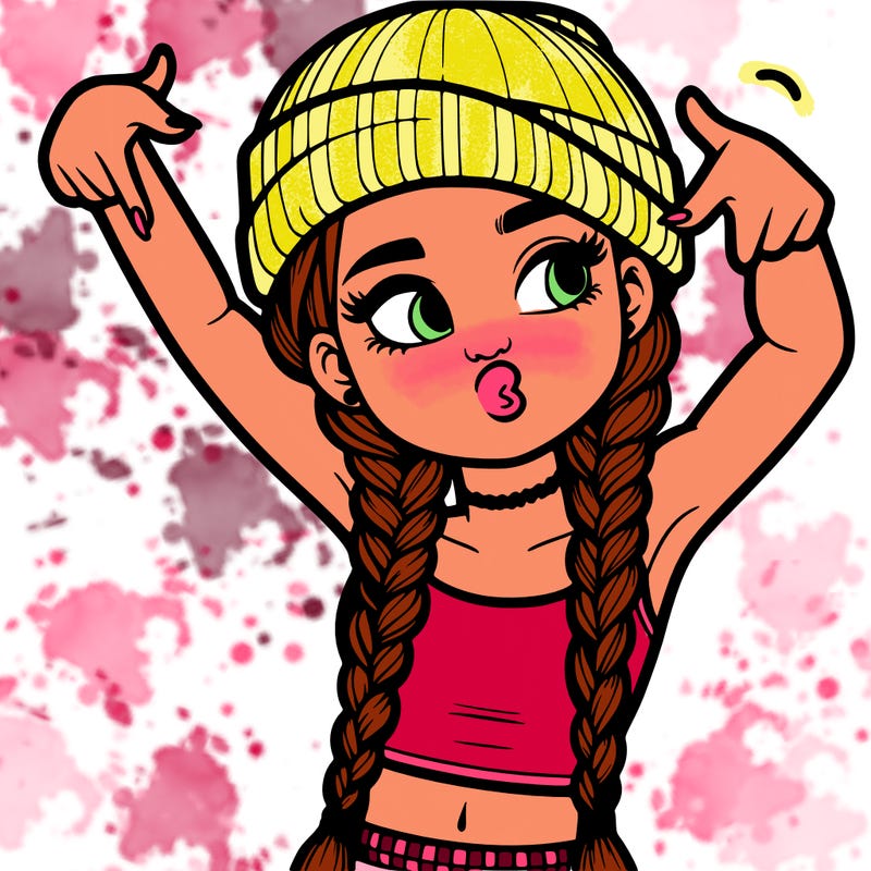 realistic teenage girl with braids and a beanie and crop top doing 🫶🏼
