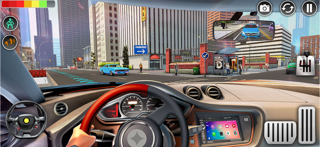 Car Driving School: Drive Test - First person interior view of a car dashboard and steering wheel in a city driving simulation game.
