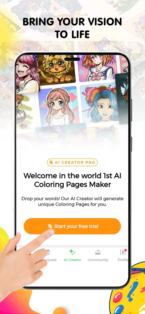 Pop Color: Painting & Coloring - Interface do aplicativo Pop Color mostrando sua ferramenta de criação de páginas para colorir com IA.