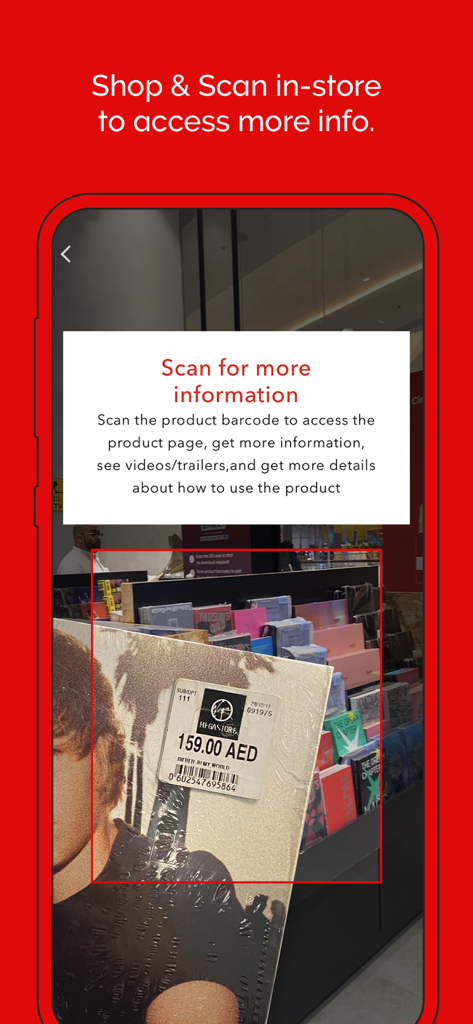 Virgin Megastore mobile app interface showing the shop and scan feature to get product information in-store