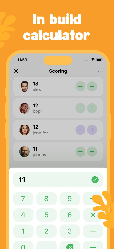 Scoreboard app scoring interface with an integrated numeric calculator for tracking player points