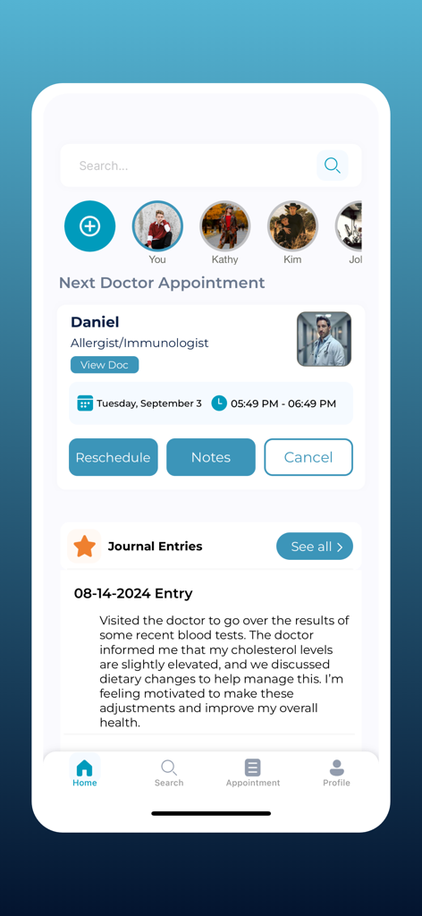 MY JOURNAL MED app dashboard showing an upcoming doctor appointment and a health journal entry