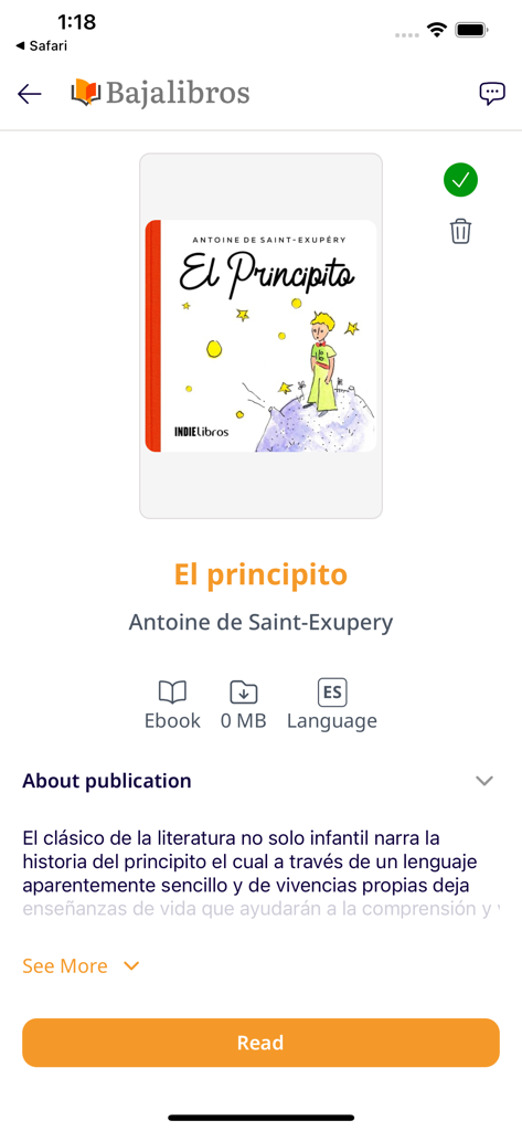 Interfaz de la aplicación BajaLibros que muestra los detalles del libro El Principito de Antoine de Saint Exupery en español