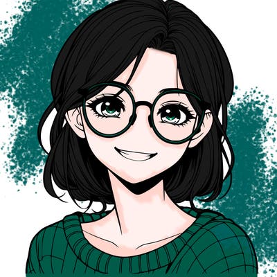 realistic girl with glasses smiling, eyes open