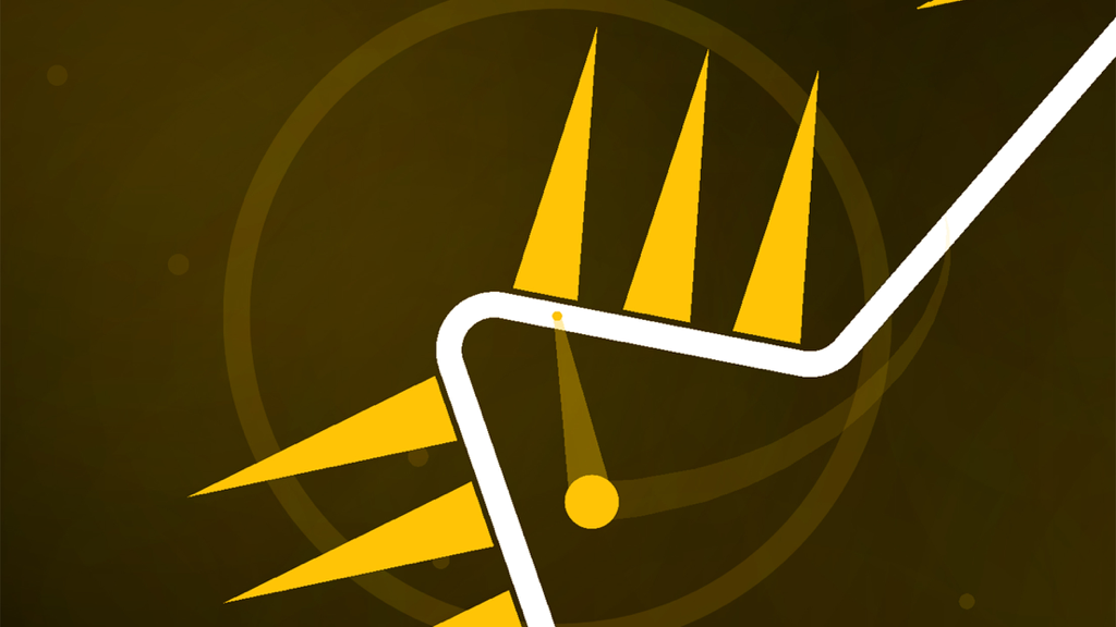 Pivvot - Minimalist gameplay of Pivvot showing a white winding path with yellow spikes and a pivot orb