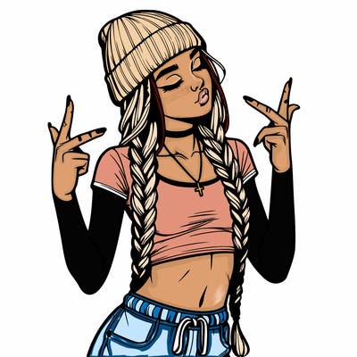 realistic teenage girl with braids and a beanie and crop top doing 🫶🏼