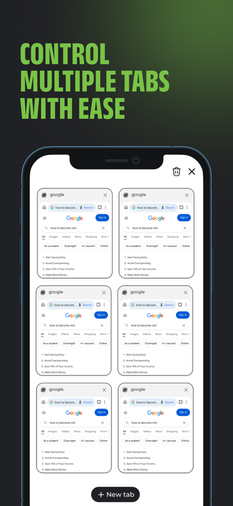 Tvgarden: Movie, Sport Browser - Pantalla de iPhone mostrando el selector de pestañas del navegador Tvgarden con seis pestañas abiertas dispuestas en una cuadrícula