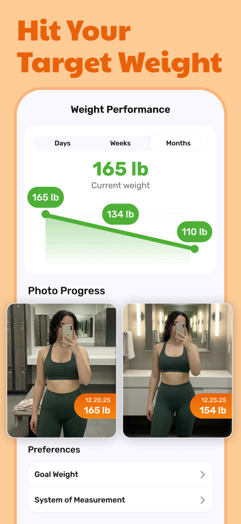 Calorie Counter - Eatwise AI - Interface do aplicativo Eatwise AI mostrando o gráfico de desempenho de peso e fotos de progresso