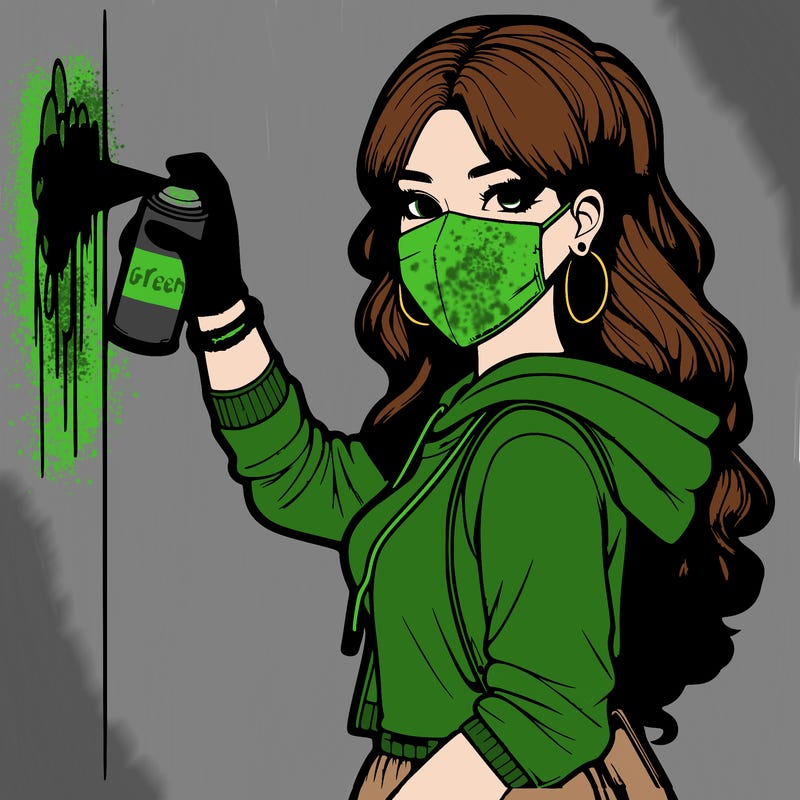 realistic girl with mask spray painting a wall