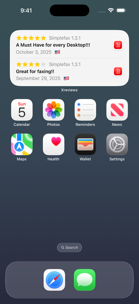 Xreviews - Xreviews Home Screen widget on an iPhone showing a list of recent app store reviews and ratings