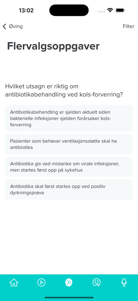 MedEasy - A multiple choice quiz screen in the MedEasy app for medical and nursing students