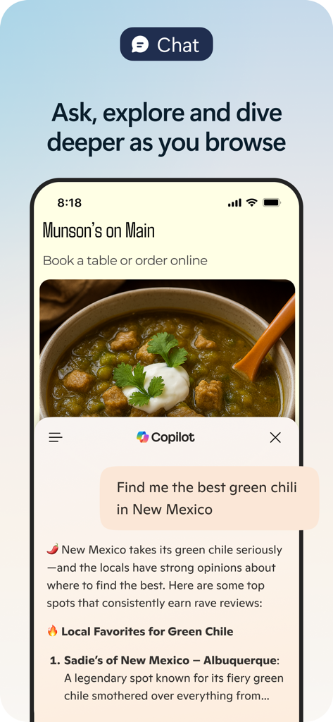 Microsoft Edge mobile browser showing Copilot AI assistant answering a user query about local restaurants while browsing