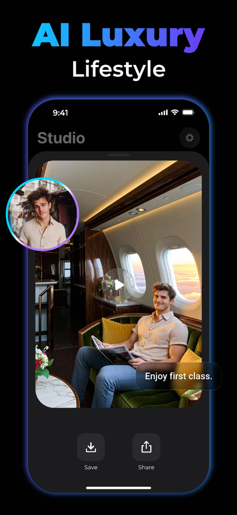 AI Video Generator app screen showing the AI luxury lifestyle feature with a man in a private jet
