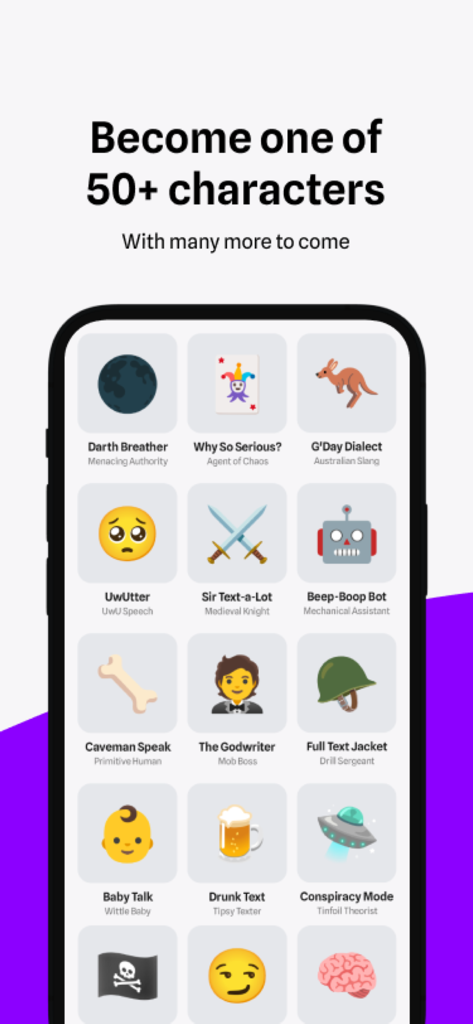 CharacterKey - AI Keyboard - Un menú en la aplicación CharacterKey que muestra más de 50 voces de personajes impulsadas por IA para escribir, incluyendo Darth Breather, UwUtter y Drunk Text.