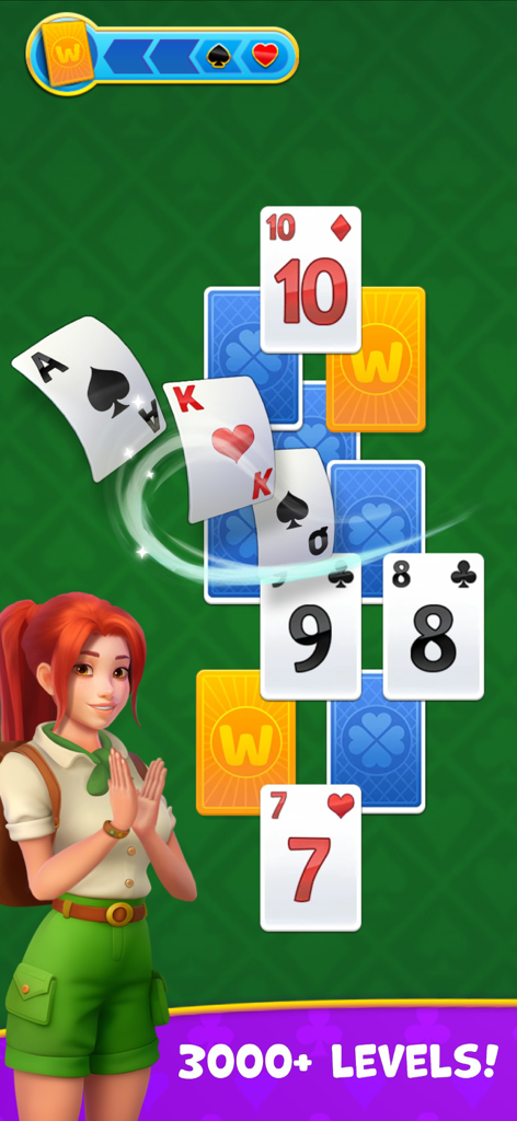 Kings and Queens: Solitaire - Capture d'écran du gameplay de Kings and Queens Solitaire montrant un personnage à côté de cartes et plus de 3000 niveaux