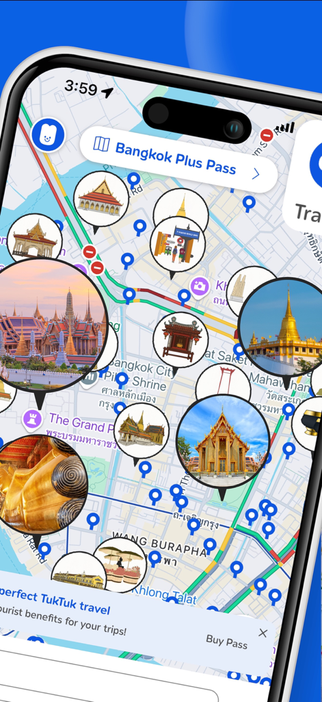 Una pantalla de aplicación móvil que muestra un mapa de Bangkok con iconos circulares de templos y monumentos famosos para hacer turismo.