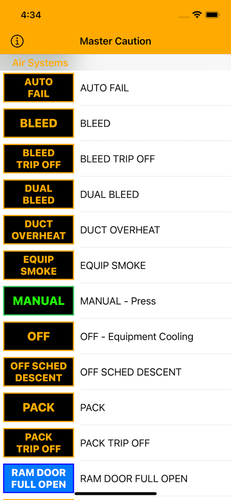 737 Master Caution - A list of Boeing 737 air systems warning lights and annunciators within the Master Caution app