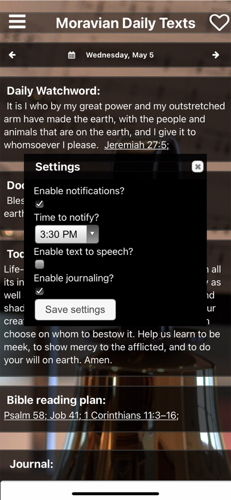 Moravian Daily Texts 2026 - Einstellungs-Popup-Menü in der Brüder-Unität Losungen App mit Optionen für Benachrichtigungen, Text-to-Speech und Tagebuch