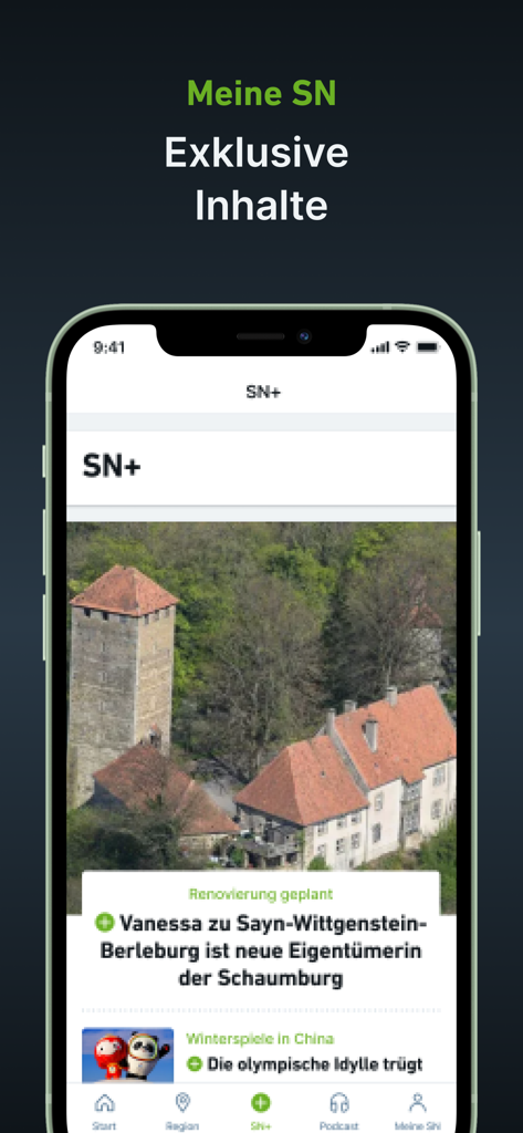Screenshot der SN-Nachrichten-App, der Premium-lokale Nachrichten-Inhalte auf Deutsch zeigt.